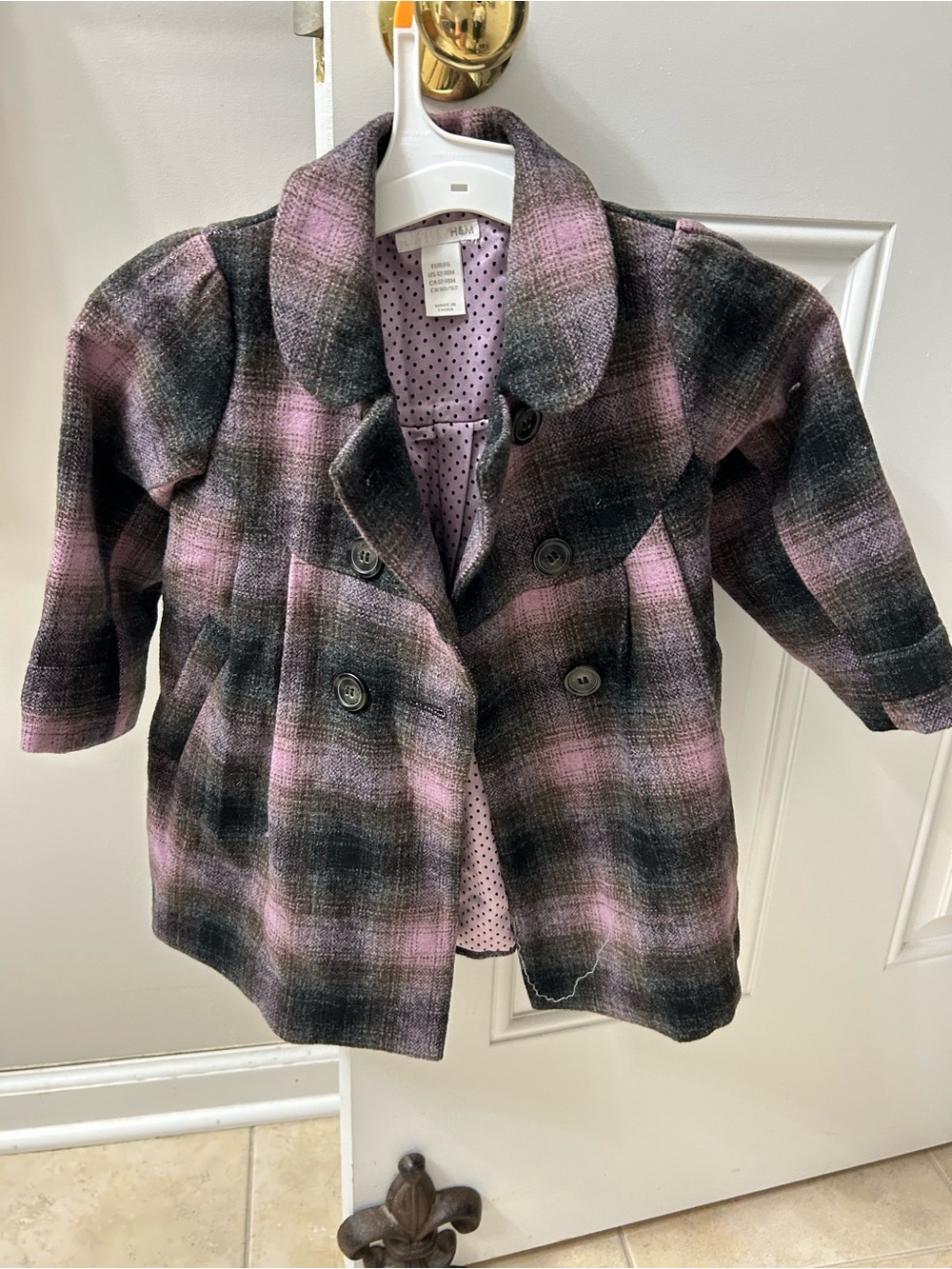 H&M baby girls' Pink & Black Plaid Double-Breasted Pea Coat